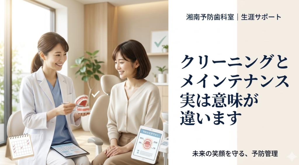 歯医者のクリーニングとメインテナンスの違いを解説する湘南予防・歯科室のブログ画像